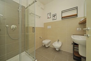 Shower, hair dryer, bidet, towels