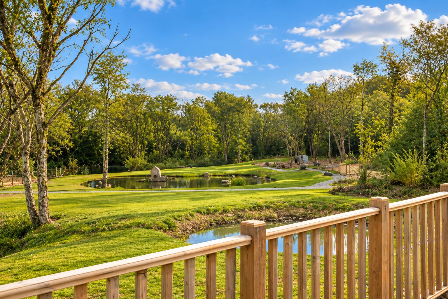 A golf course with a wooden deck in the foreground, surrounded by lush greenery and trees.