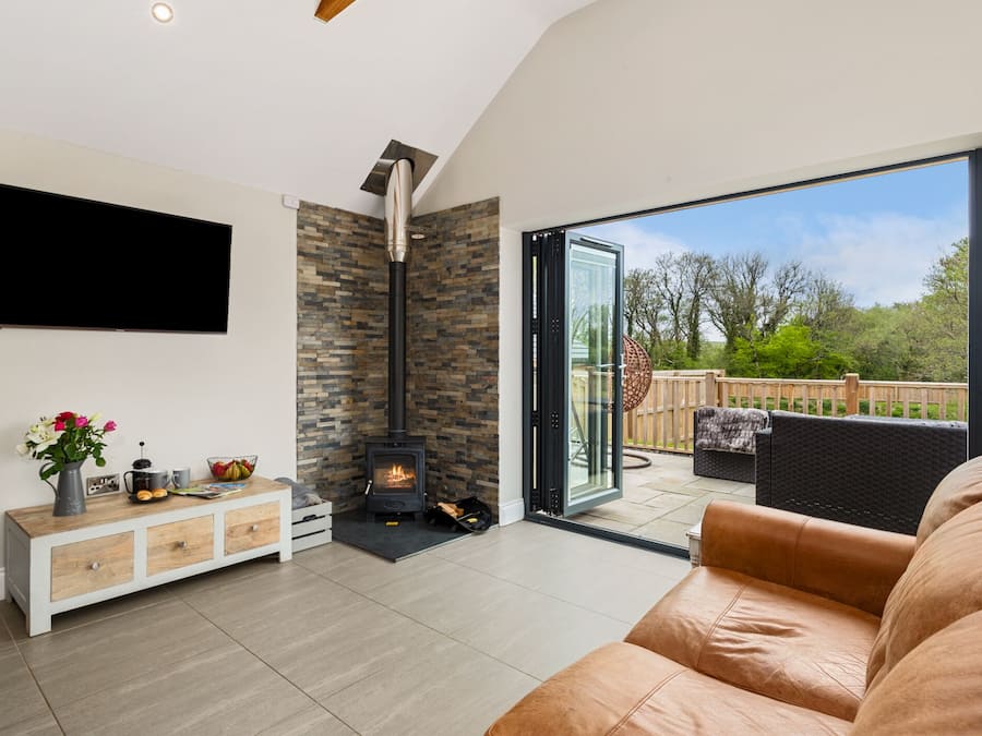 A modern living room with a fireplace, a flat-screen TV, and a large glass door leading to an outdoor patio.