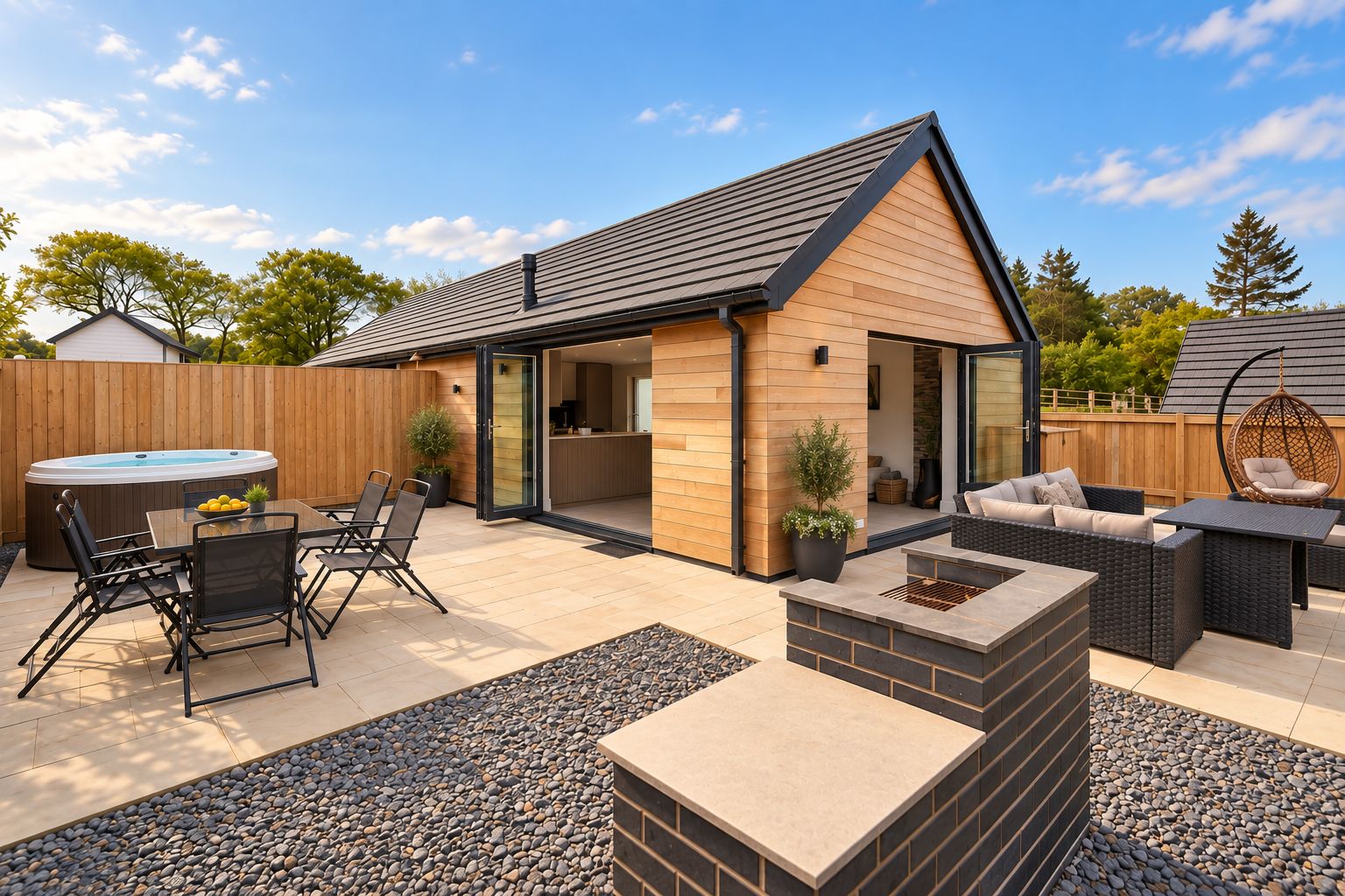 Un patio moderno al aire libre con un jacuzzi, zona de estar y chimenea de piedra.