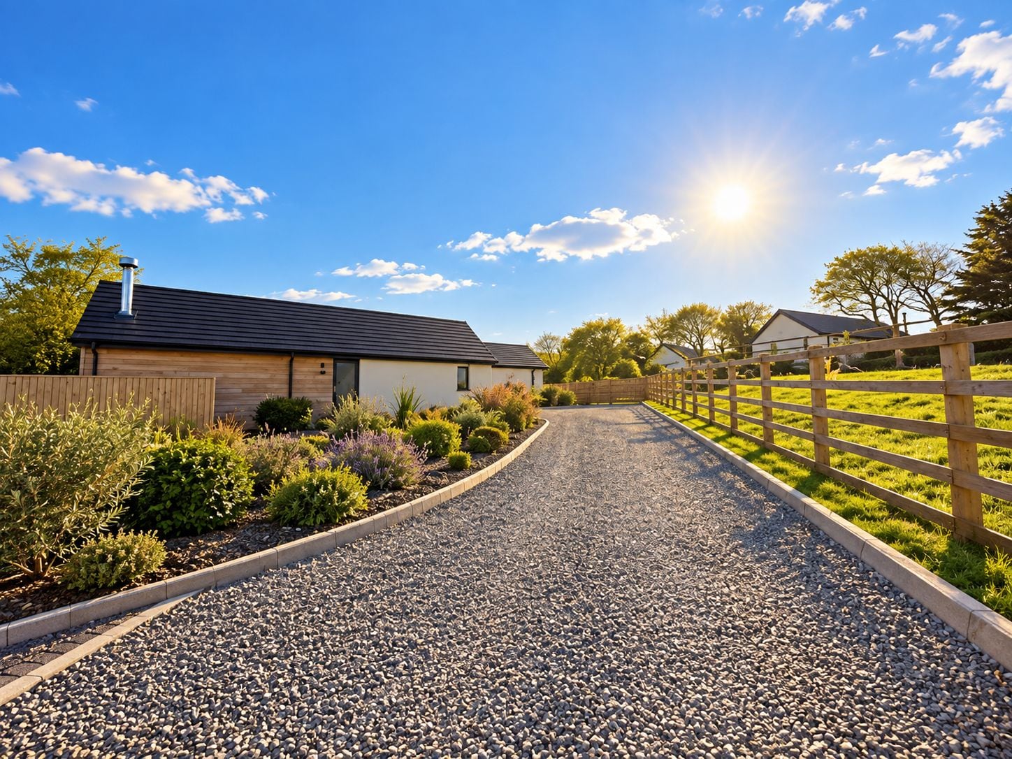 A gravel driveway leading to a house with a wooden fence on one side and a metal fence on the other.