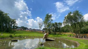A pond with a wooden structure in the center, surrounded by a grassy area and trees. - Cedar Cottage (Tenby)