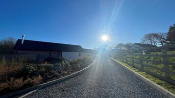En landsväg som leder fram till ett hus med en skorsten, omgivet av växtlighet och ett trästaket.