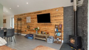 A modern living room with a wooden wall, a flat-screen TV, a fireplace, and a bookshelf. - Fig Tree Cottage (Tenby)