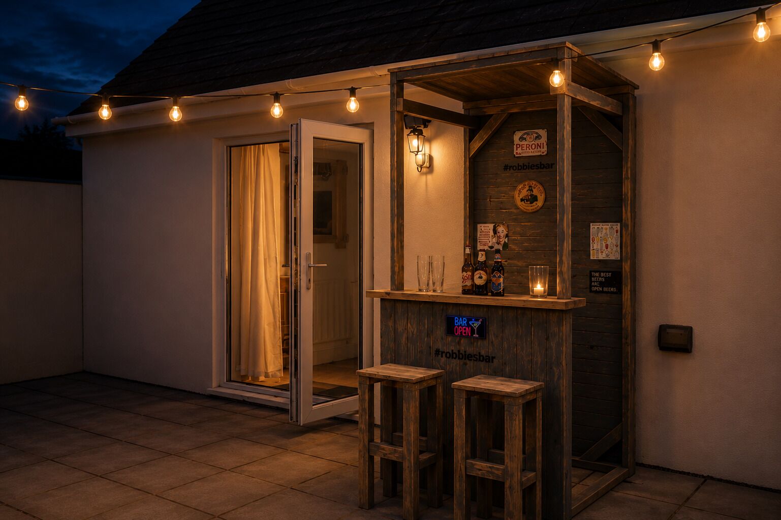 An outdoor bar area with a wooden counter, stools, and string lights.
