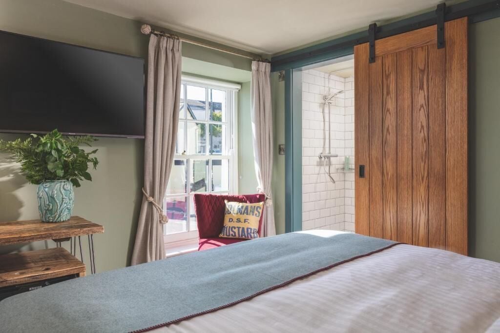 Een slaapkamer met een bed, een televisie, een raam met gordijnen, een plant en een deur.