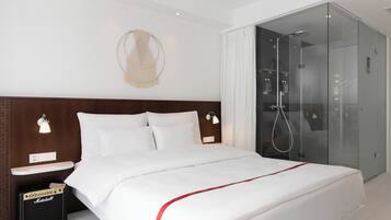 Shower, rainfall showerhead, eco-friendly toiletries, hair dryer
