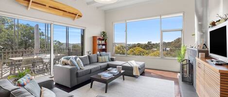 Télévision, cheminée, livres