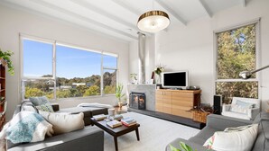 A modern living room with a fireplace, large windows, and a television.