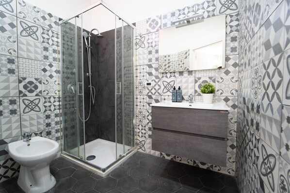 Regadera, secadora de cabello, bidet, toallas