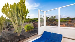 Een kamer met een groot raam, een blauw bed en een cactus buiten.