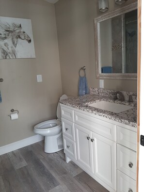 Un baño con inodoro, lavamanos y espejo.