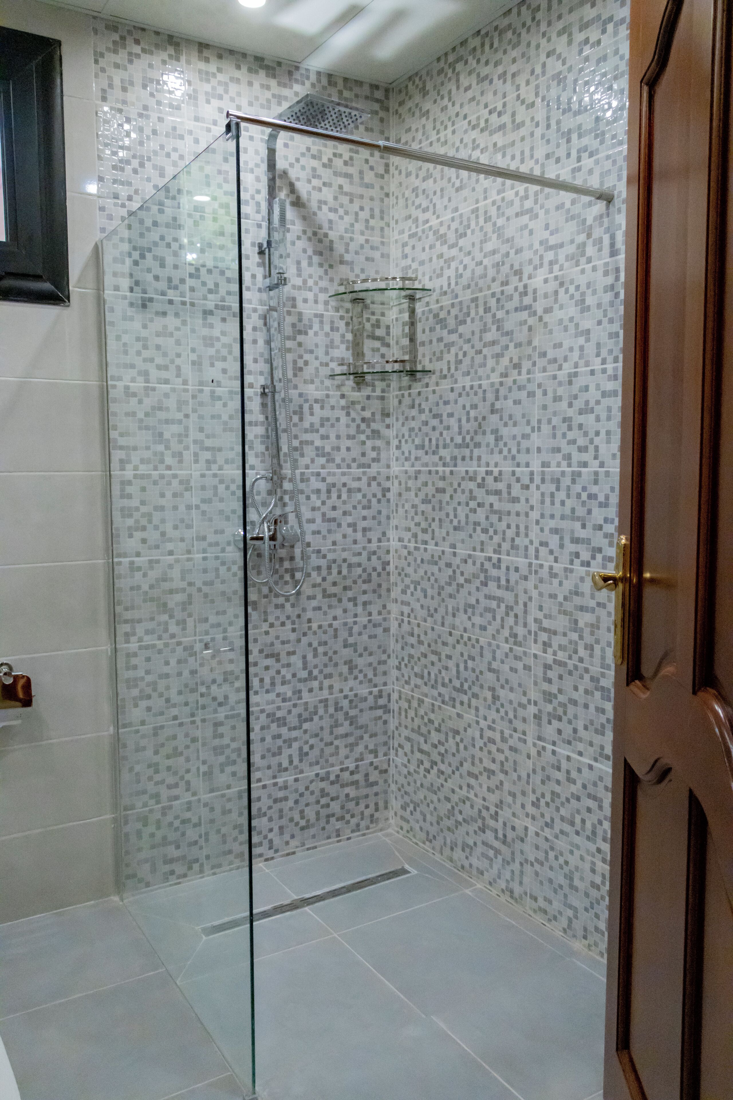 A glass-enclosed shower area with a tiled wall and a wooden door.