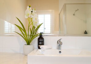Douche, sèche-cheveux, serviettes fournies, shampoing