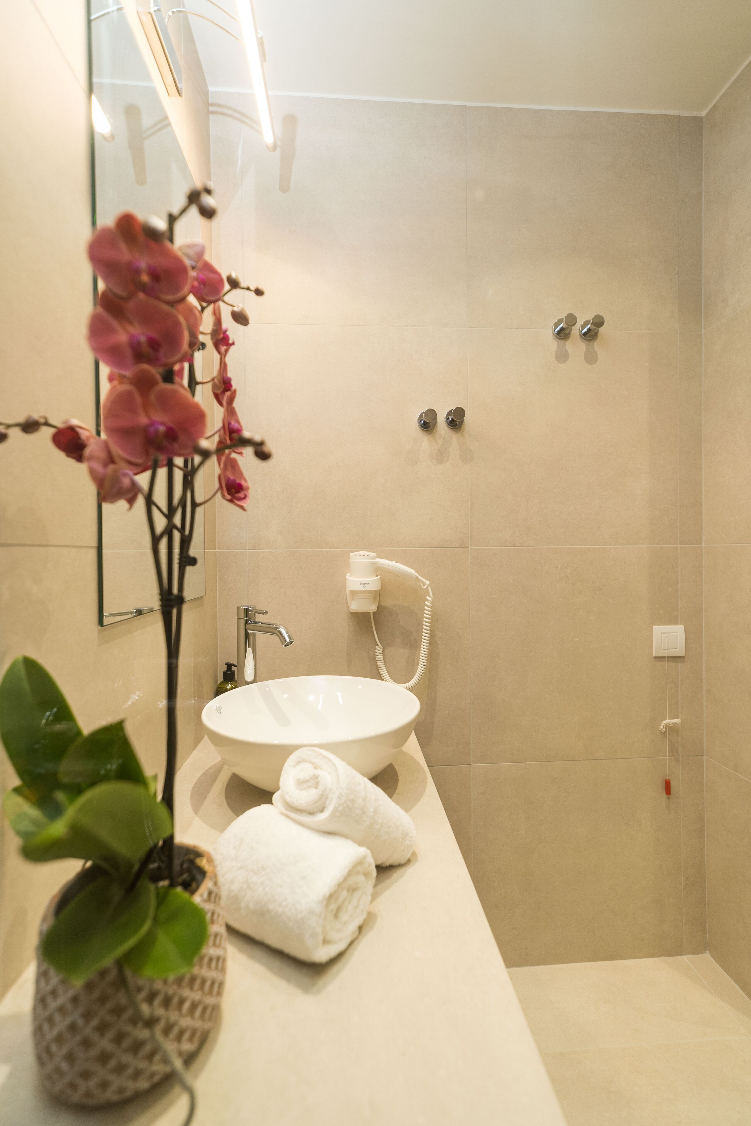 A modern bathroom with a round sink, a mirror, a shower area, and a potted orchid.