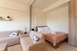 1 bedroom, premium bedding, blackout drapes, iron/ironing board