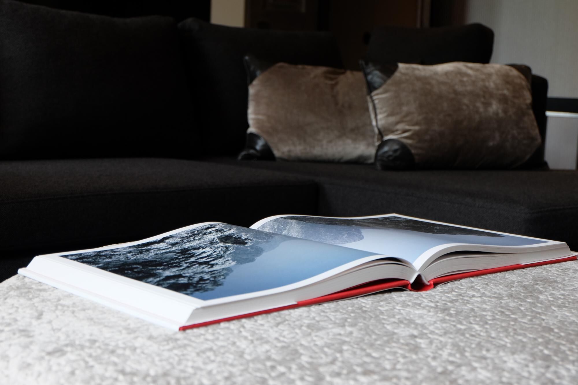 An open book on a carpeted floor with a black couch and pillows in the background.