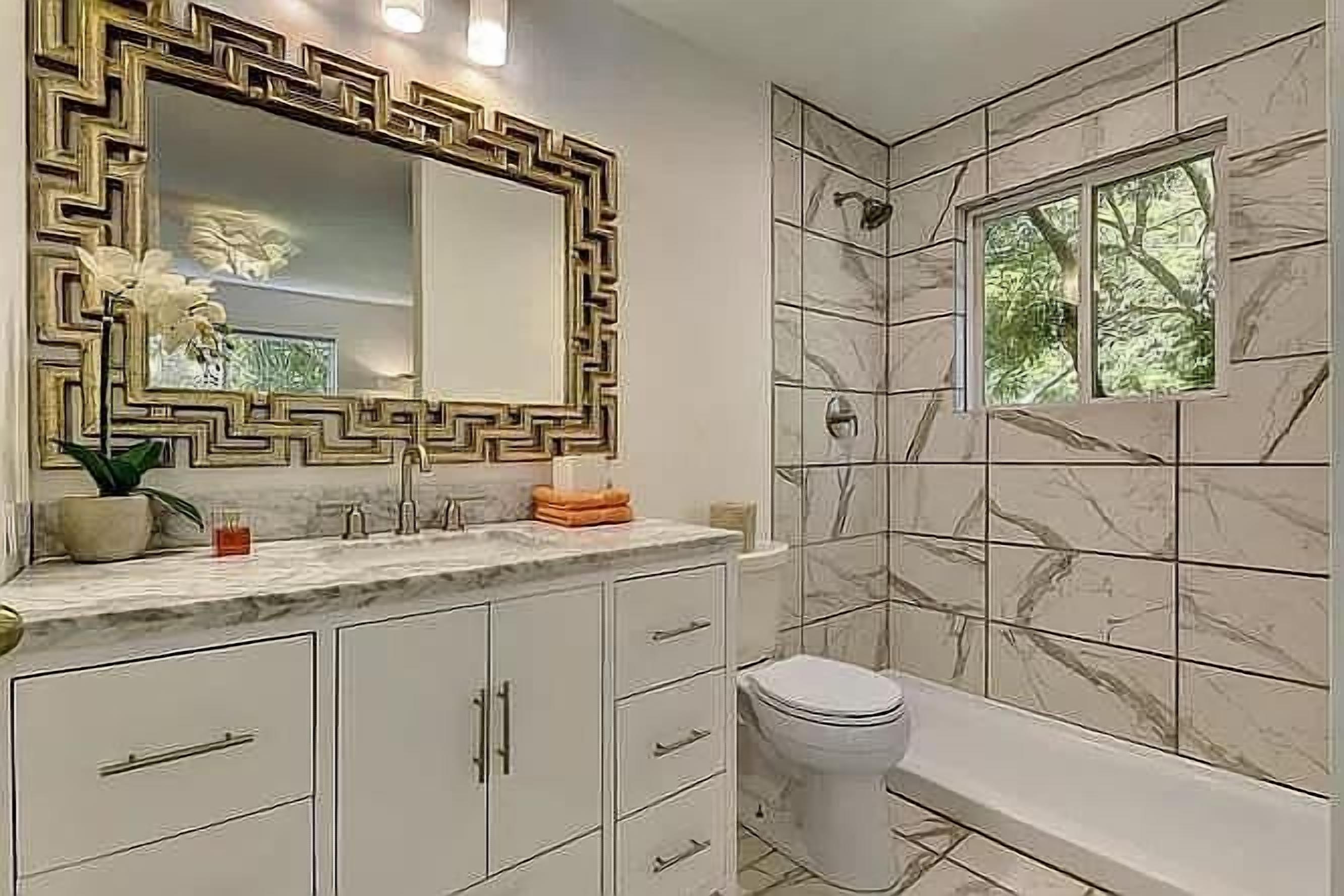 A bathroom with a marble vanity, a large mirror, a toilet, and a shower area.