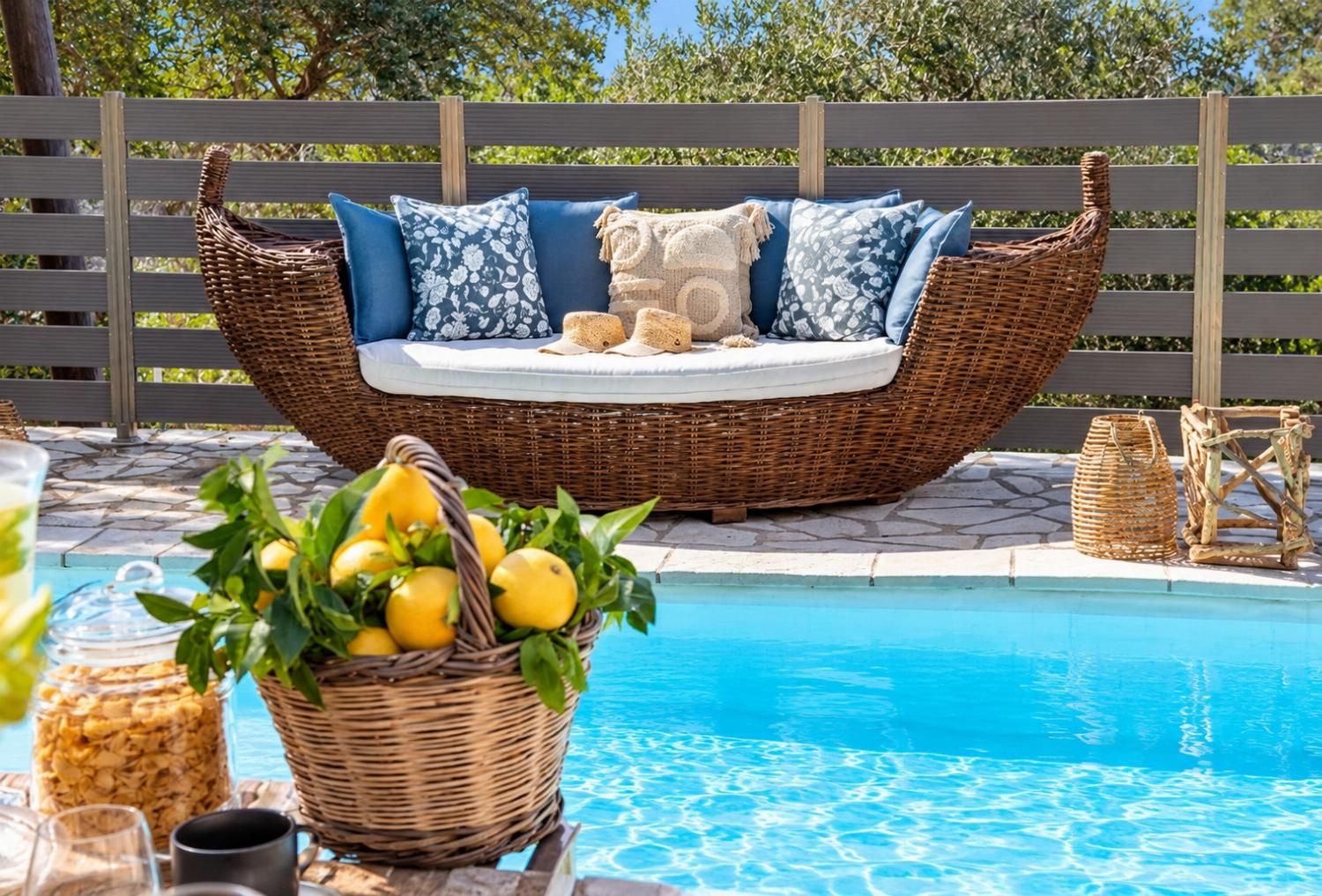 A wicker lounge chair with cushions by a poolside, a wicker basket with lemons, and a clear blue pool.