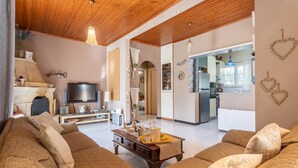 Ein Wohnzimmer mit Holzboden, einem Fernseher, einem Kamin und einem Sofa.