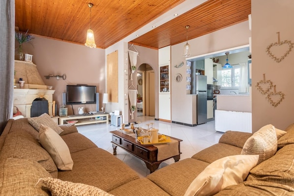 Een woonkamer met een houten plafond, een televisie, een open haard en een bank.