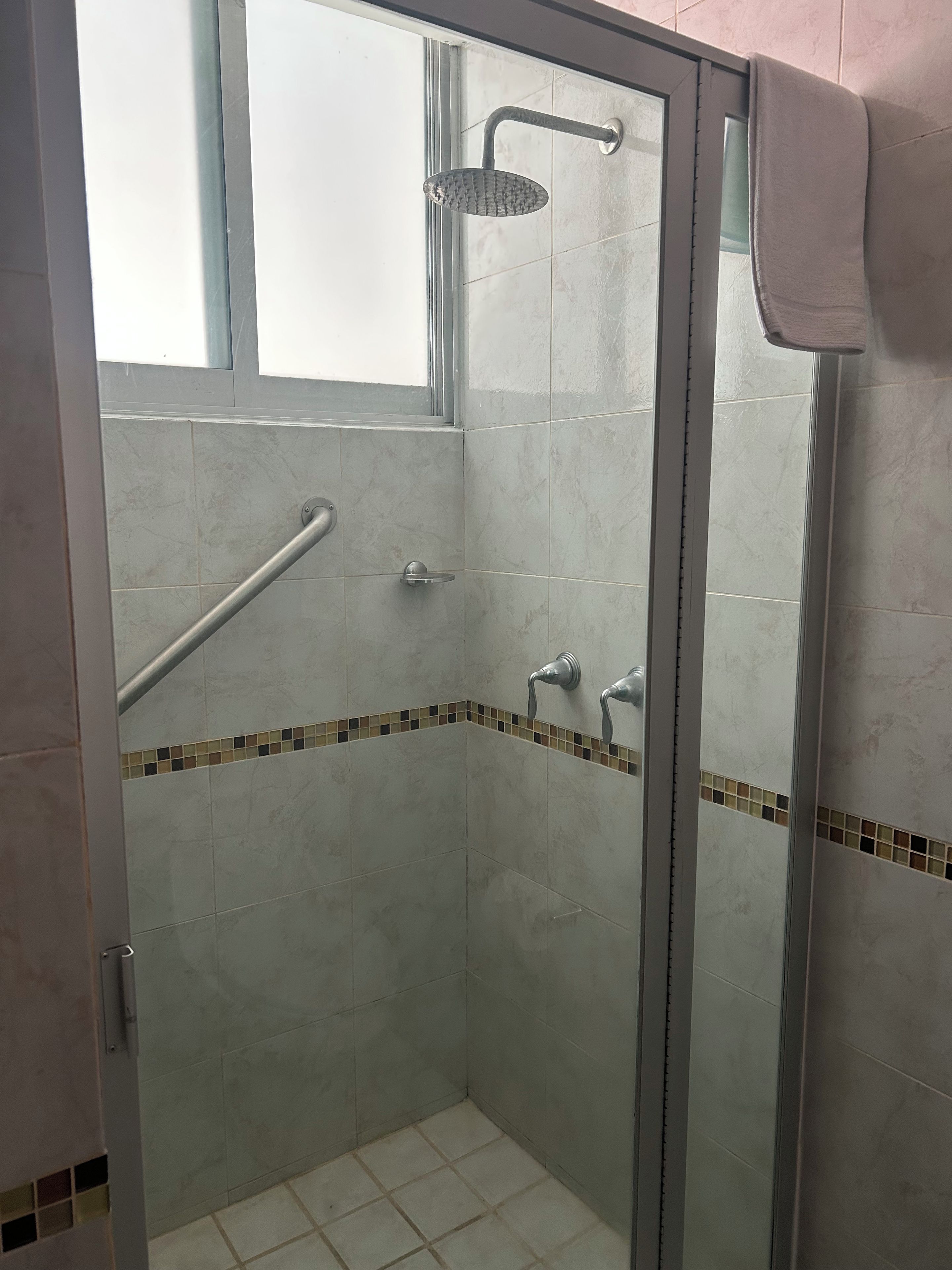 A glass-enclosed shower stall with a handheld showerhead, a grab bar, and a tiled floor.
