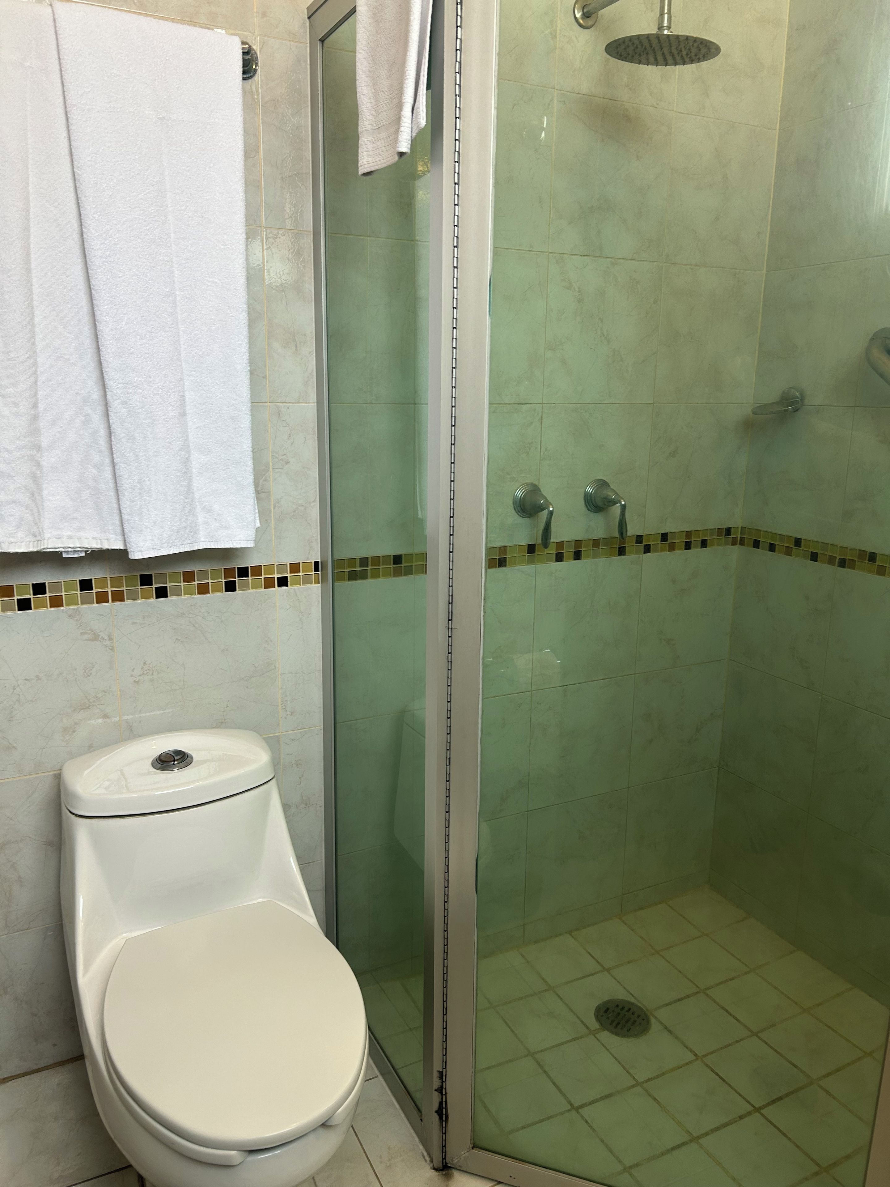 A bathroom with a toilet, a shower with a glass door, and a tiled floor.