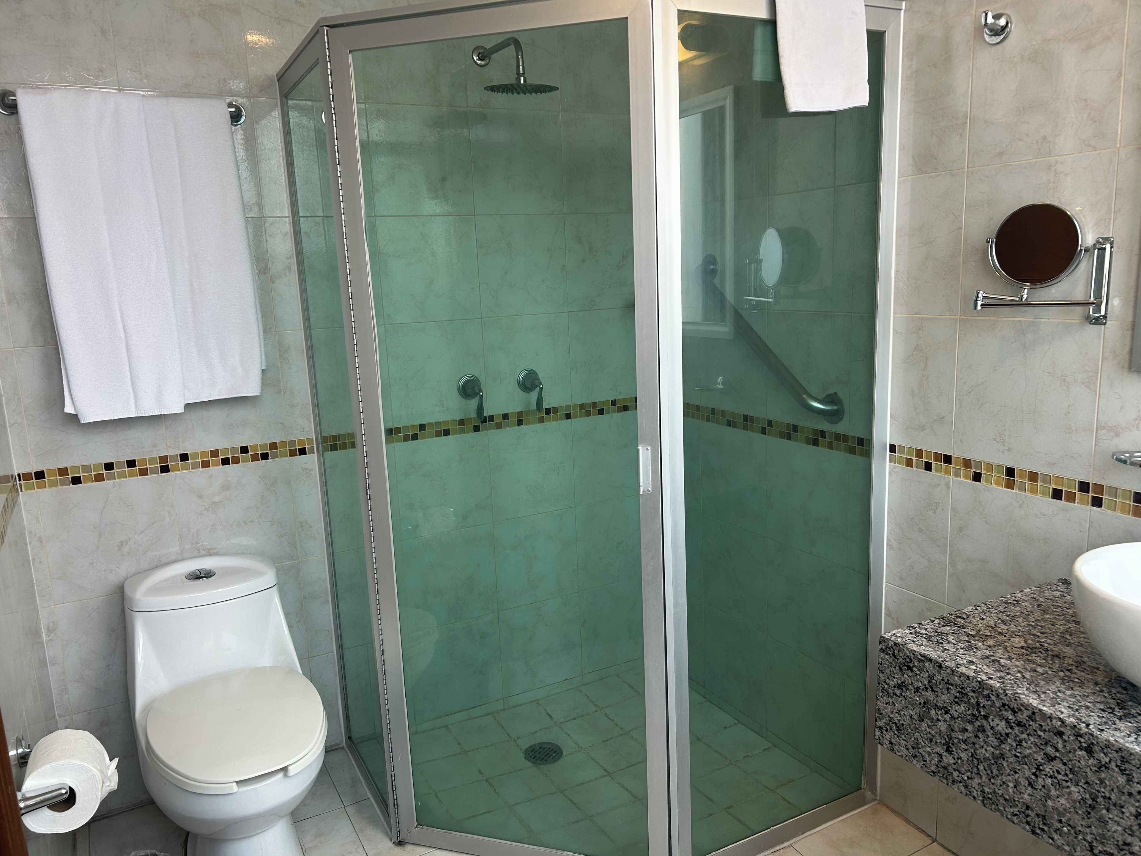 A bathroom with a glass-enclosed shower, a toilet, and a sink.