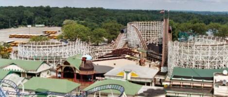 A roller coaster with a loop, surrounded by various amusement park structures and a forested background.