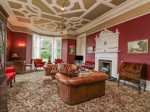 A room with a fireplace, red upholstered furniture, and a patterned carpet.