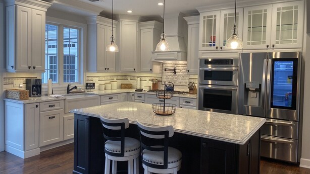 A modern kitchen with white cabinetry, stainless steel appliances, and a central island with bar stools. - Luxury by the Sea (Southold)