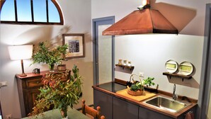 Una cocina compacta con un lavamanos, una mesa de comedor con sillas, una planta en maceta y una lámpara.