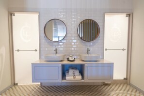 Hair dryer, towels, soap, toilet paper