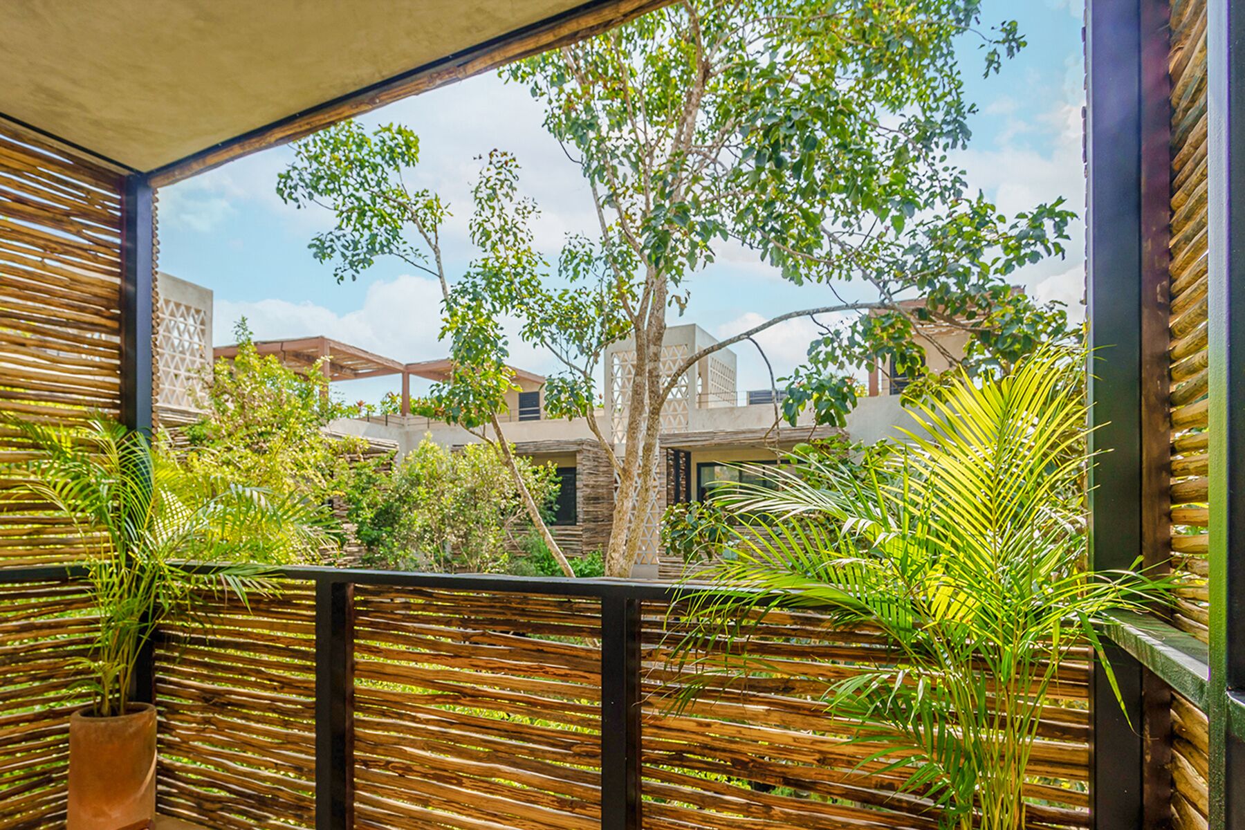 Ein Balkon mit Blick auf einen Baum und ein Gebäude.