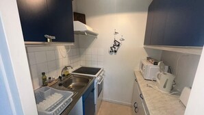 Et lille køkken med komfur, vask og mikroovn.