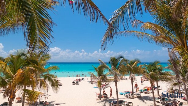Ein Strand mit Palmen, klarem blauen Wasser und Menschen, die die Sonne genießen.
