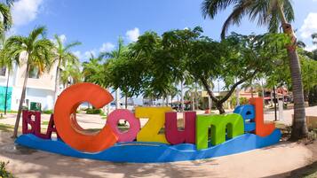 A colorful sign with the text "Cozumel" in a stylized font, surrounded by palm trees and buildings.