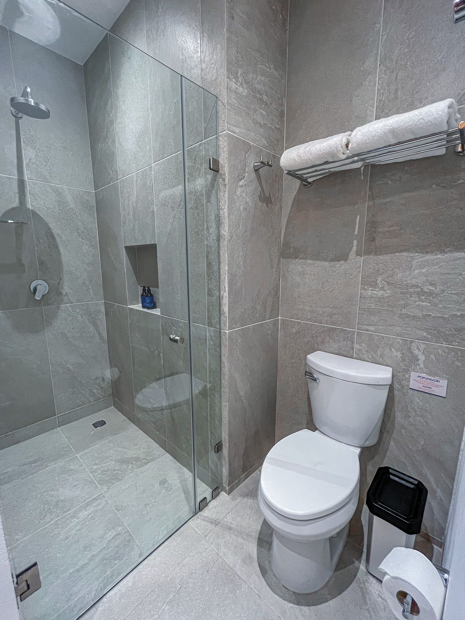 A modern bathroom with a glass-enclosed shower, a white toilet, and a towel rack.