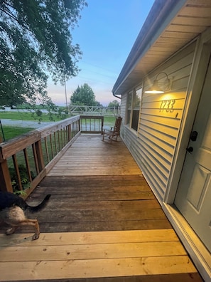 A wooden deck with a chair, a dog, and a house number 1733.
