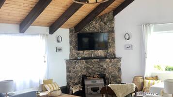 Una Smart TV, una chimenea, libros