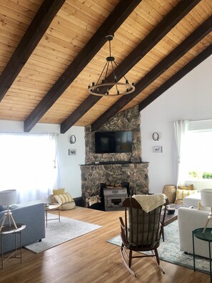 Smart TV, fireplace, books