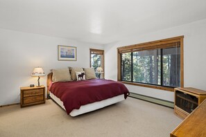 A bedroom with a bed, nightstands, a lamp, a bookshelf, and a window with a forest view.