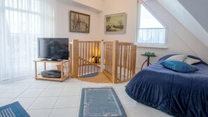 A bedroom with a bed, a TV, a wooden gate, and two paintings on the wall.
