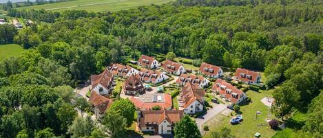 An aerial view of a residential area with houses, surrounded by dense greenery and a body of water in the background.