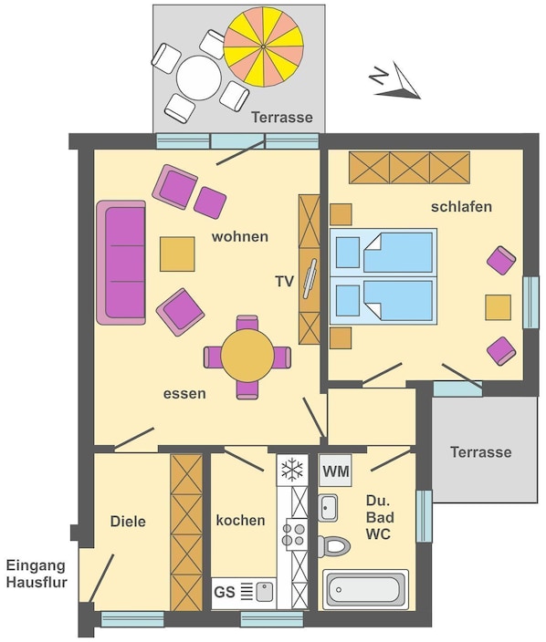 Un aménagement de chambre d’hôtel comprenant un espace de vie, un coin repas, une kitchenette et une salle de bain.