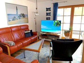 Télévision, cheminée, lecteur de DVD, table de tennis de table