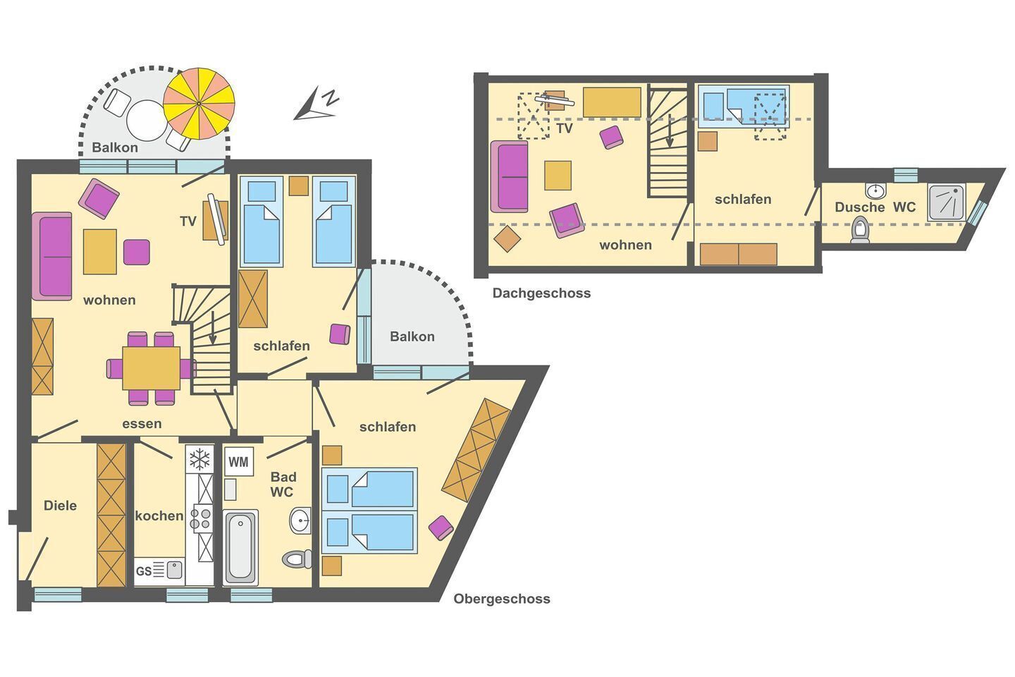 Indeling van een hotelkamer met een zitgedeelte en slaapgedeelte, een balkon, een keuken, een badkamer en een klein terras.