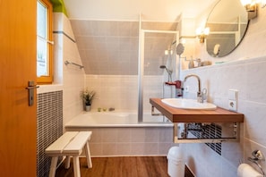 Shower, hair dryer, towels