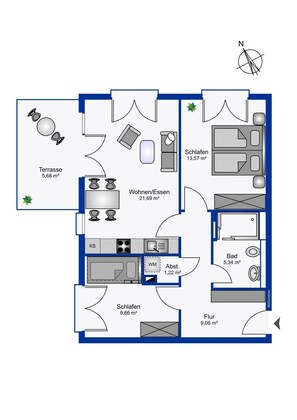 A floor plan of a hotel with a terrace, kitchen, living area, bathroom, and two bedrooms.