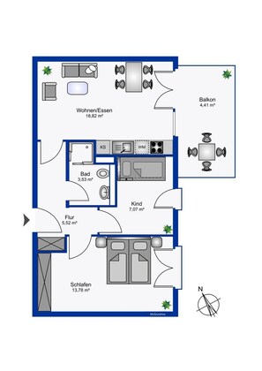 Een plattegrond van een hotelkamer met balkon, badkamer, keuken en woonruimte.